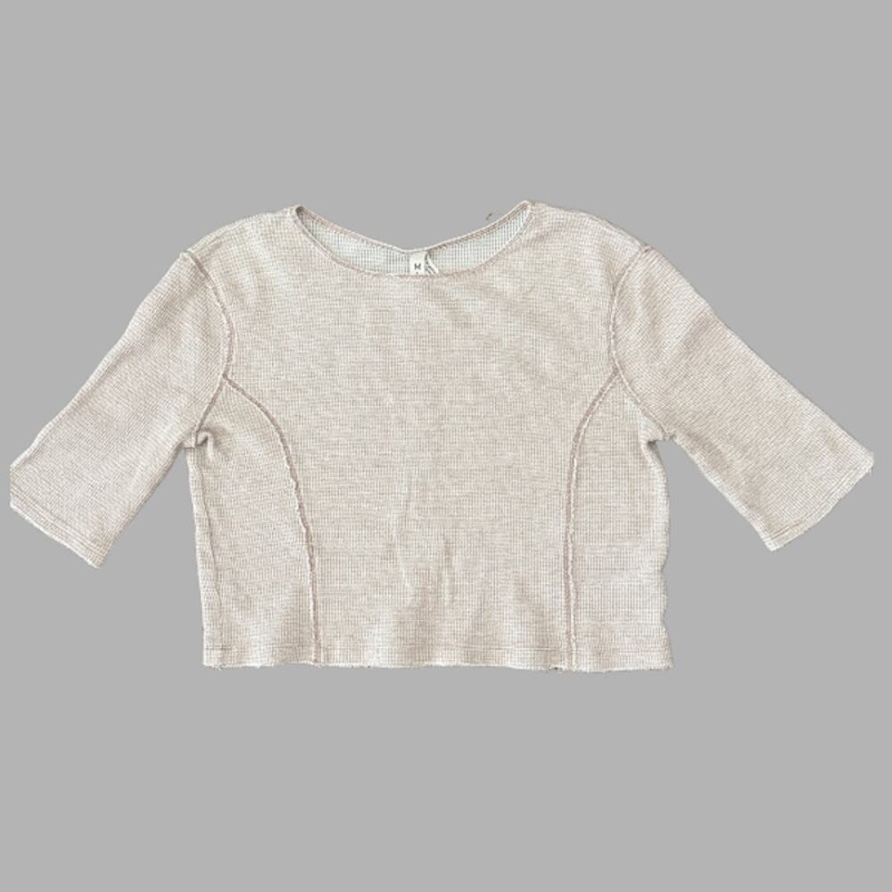 M+M Waffle Knit Crop Top 3/4 Bell Sleeve Exposed Seam Neutral Size Medium